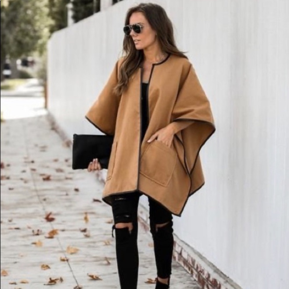 VICI Voluminous Pocketed Faux Leather Trimmed Cape